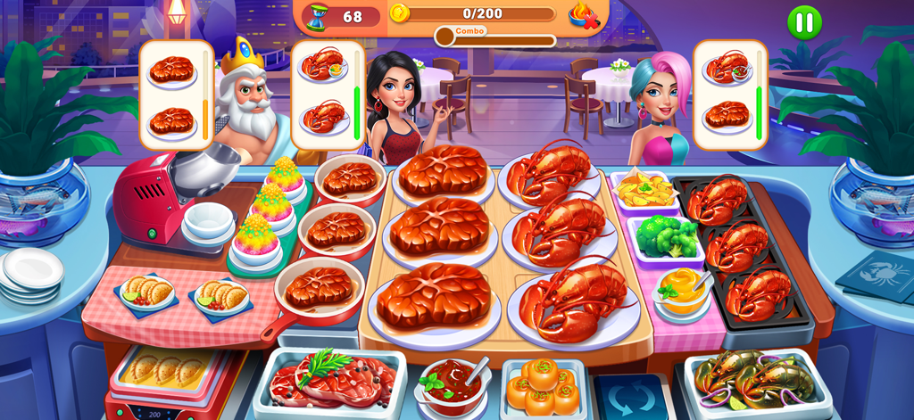 Captura de tela da jogabilidade do Chef Festival mostrando um balcão de cozinha com bifes cozidos e lagostas sendo servidos aos clientes