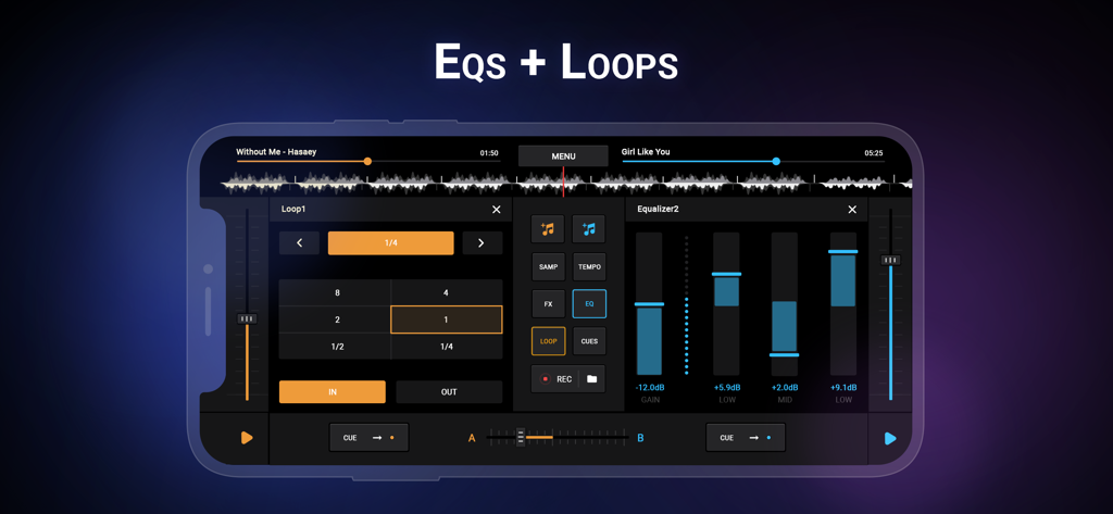 DJ Music Mixer - Dj Remix Pro - Interfaz de la aplicación DJ Music Mixer que muestra controles deslizantes profesionales de ecualizador y controles de loop de ritmos en una pantalla móvil