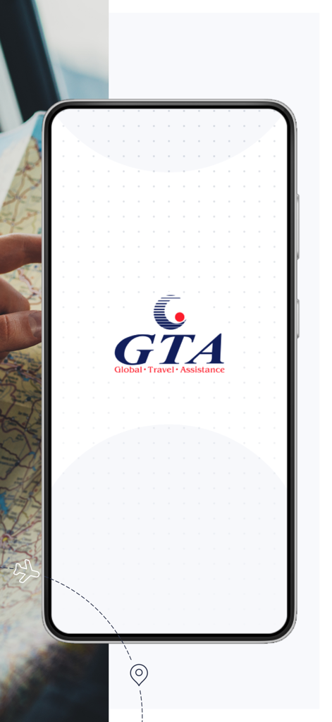 Tela de splash do aplicativo GTA Travel Insurance com o logotipo da empresa em um smartphone.