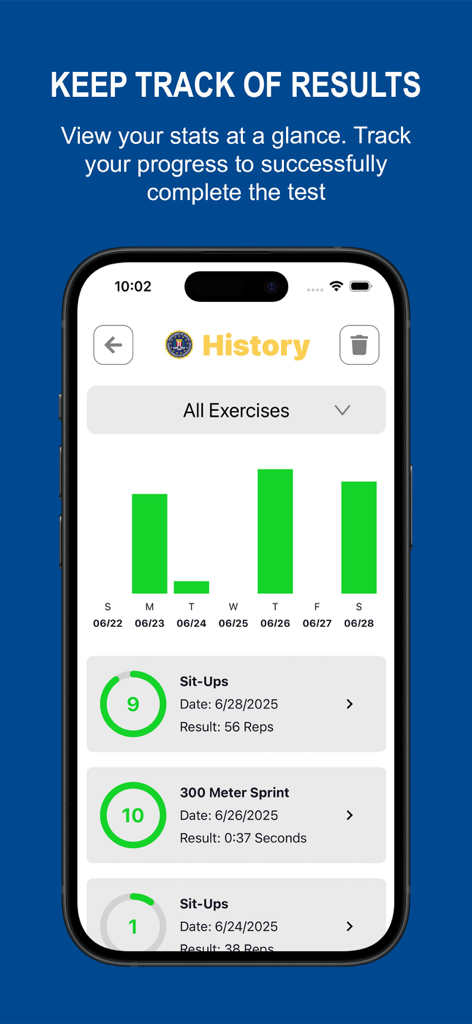 Una captura de pantalla de la aplicación FBI FitTest que muestra el historial de ejercicios y el gráfico de progreso de un usuario.