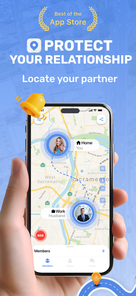 Find Me: Share Family Location - Find Me app showing real time GPS location of a family member on a map