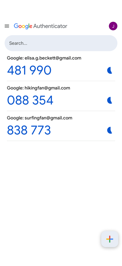 Google Authenticator home screen showing 2FA verification codes for multiple accounts