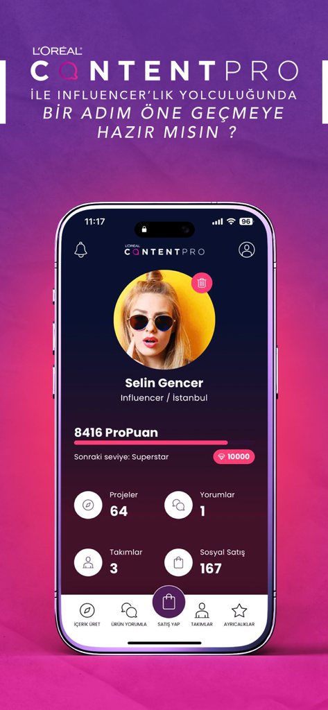 ContentPro - L'Oreal ContentProアプリの画面。ポイントとインフルエンサーの統計情報が表示されたユーザープロフィールを表示しています。