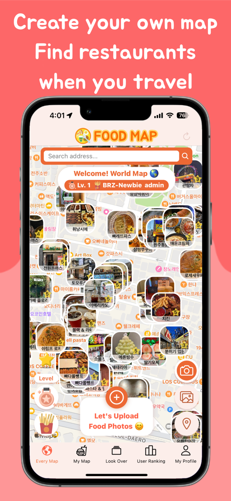 FOOD MAP - Foodie, Gourmet - Mobile app interface of FOOD MAP showing a map populated with food photo pins and restaurant locations