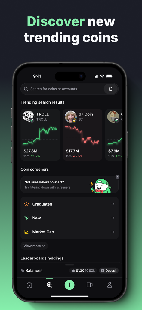 Trending memecoin discovery screen with price charts and market cap
