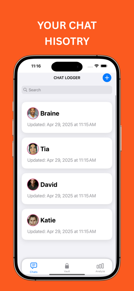 LuvChat Metrics app Chat Logger screen showing organized conversation logs with contact profile images.