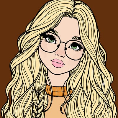 girl with long hair and freckles and glasses realistic