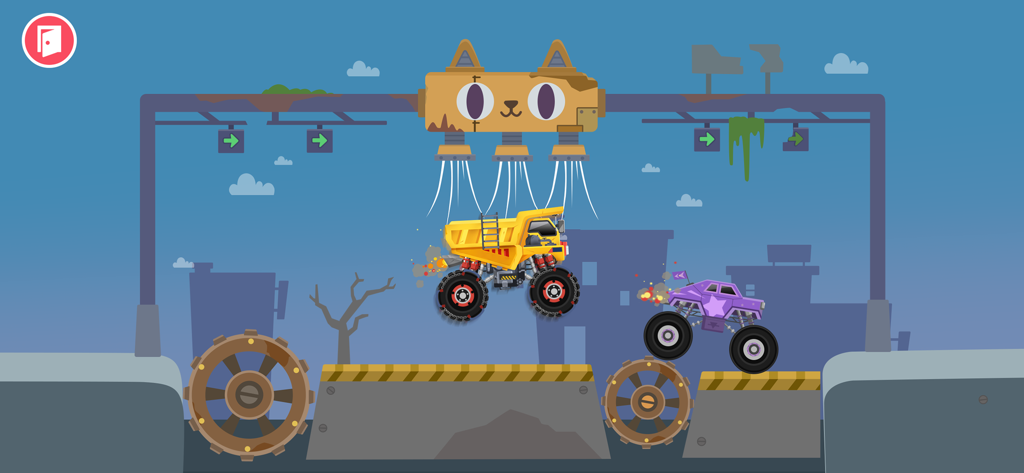 Monster Truck Games for kids - A yellow monster truck being washed by a cat shaped machine in a factory themed racing game level for kids.