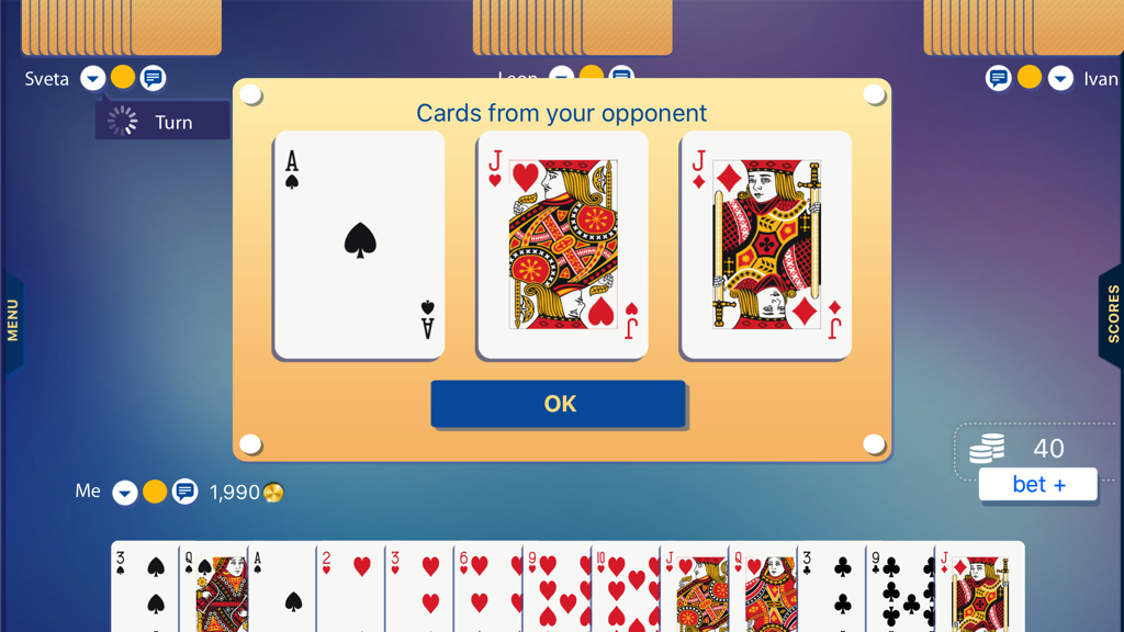 Hearts 24 - Gameplay screen of the Hearts 24 mobile app showing a popup with three cards received from an opponent