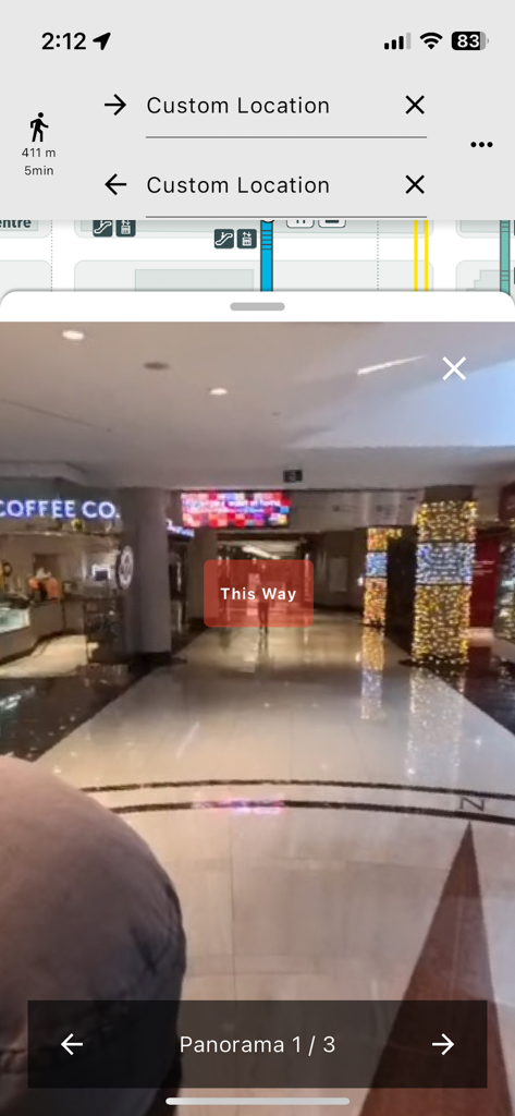 Pathmap - Panoramic indoor view of the Toronto PATH system with a directional indicator in the Pathmap app.