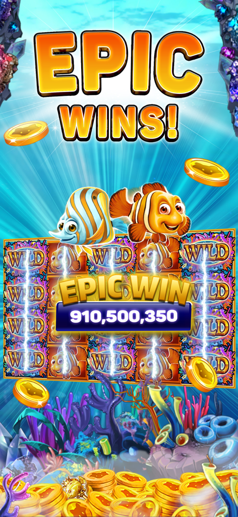 Epic win screen on an underwater themed slot machine with colorful fish and gold coins