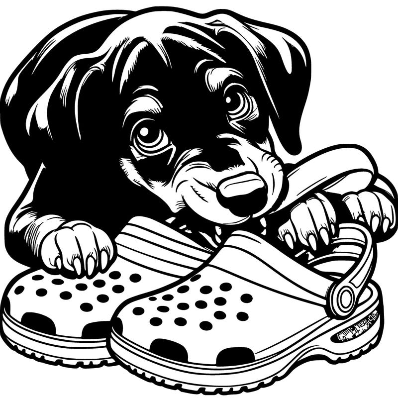 a realistic doberman puppy chewing on crocs