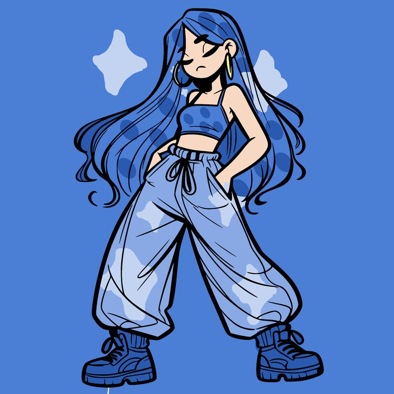 girl in baggy pants crop top and long hair