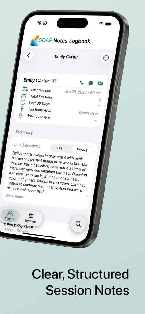 SOAP Notes Logbook - Mobile interface of the SOAP Notes Logbook app showing a detailed client profile and structured session notes summary