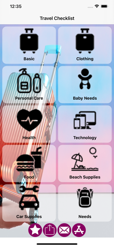 Pantalla de la aplicación Lista de Necesidades de Viaje que muestra varias categorías como ropa, necesidades para bebés y tecnología