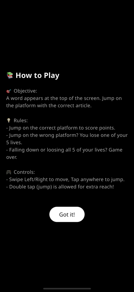 Word Climb - German Articles - A tutorial screen for Word Climb German Articles explaining the game objective rules and controls on a dark background