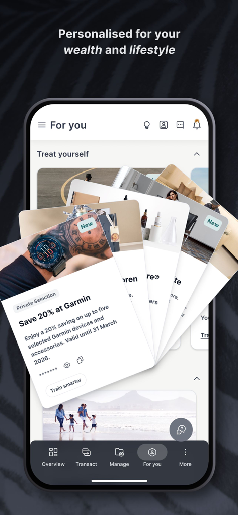 Aplicativo Investec Private Client mostrando recompensas de estilo de vida personalizadas e ofertas na tela Para Você.