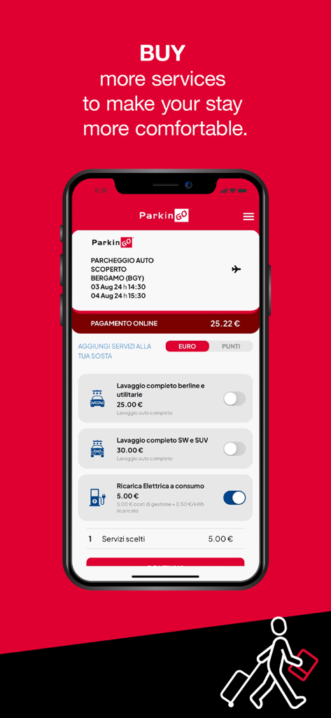 ParkinGO - ParkinGO app interface for booking car wash and electric charging services during airport parking stay