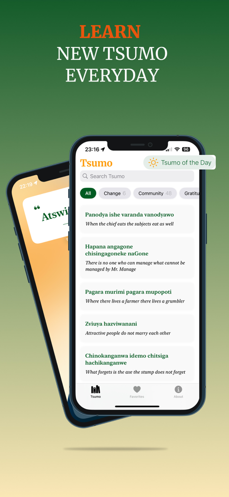 Smartphone screens displaying Shona proverbs with English translations from the Tsumo by NhakaBox app.