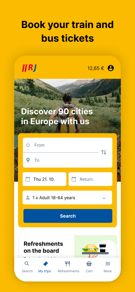 RegioJet - Interfaz de la aplicación móvil RegioJet para buscar y reservar billetes de tren y autobús en Europa