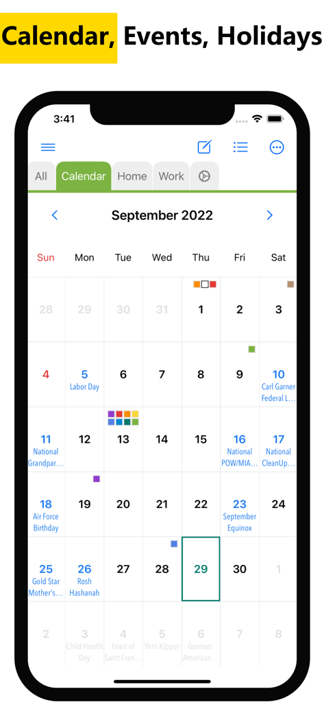 Interfaz del calendario de la aplicación WeNote que muestra una vista mensual con eventos codificados por colores y días festivos