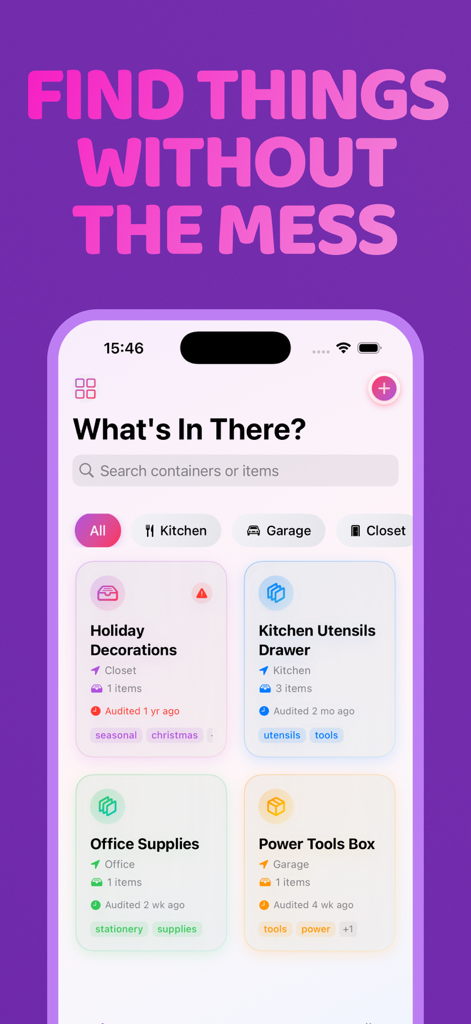 FeetFinder Inventory app interface showing organized storage containers for home and office items