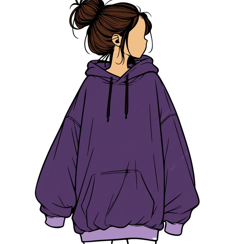 realistic girl with a oversized sweatshirt on and a bun
