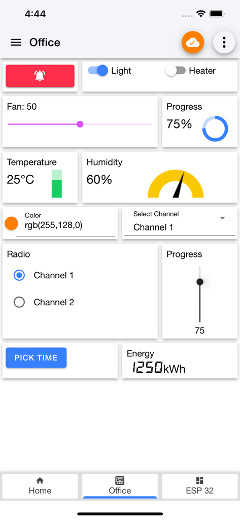 IoT MQTT Panel Pro - IoT MQTT Panel Pro dashboard for office automation featuring light switches fan slider and sensor gauges