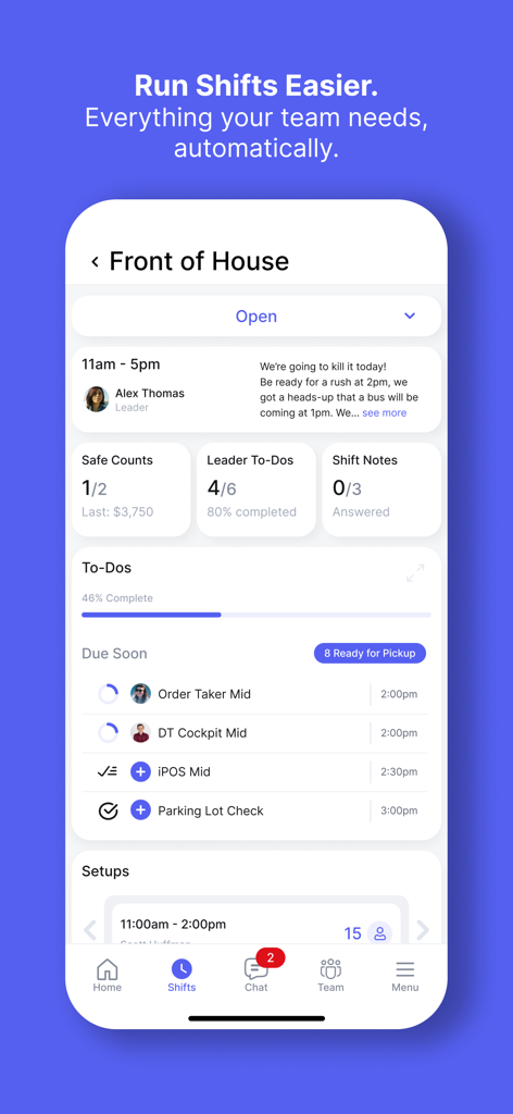 VSBL restaurant management app dashboard for front of house operations showing shift tasks and leader to-dos