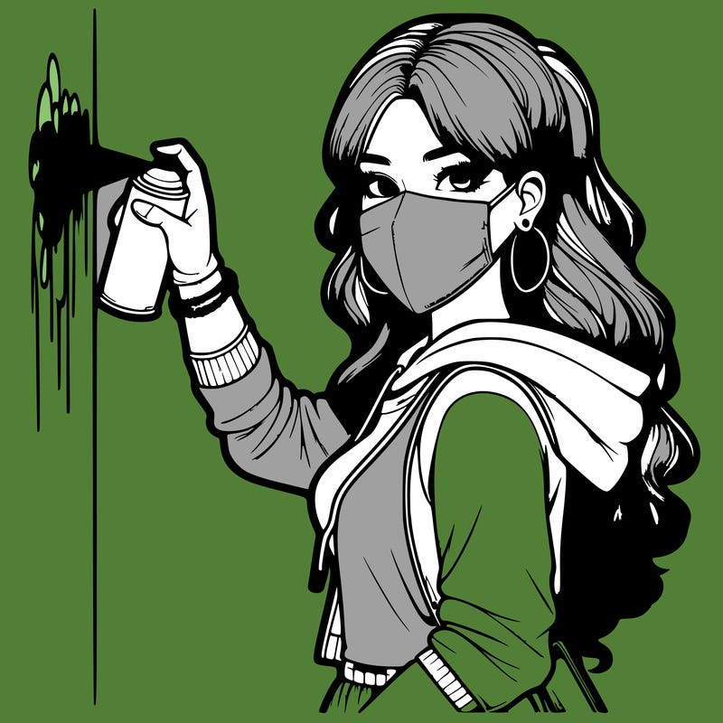 realistic girl with mask spray painting a wall