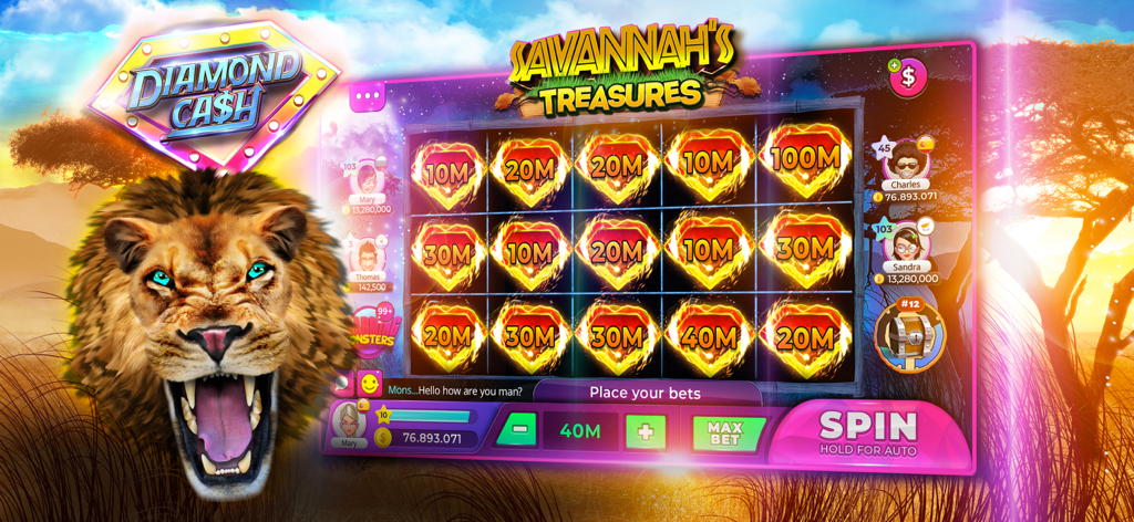 Pantalla de la máquina tragamonedas Savannah Treasures mostrando un león y grandes premios en monedas