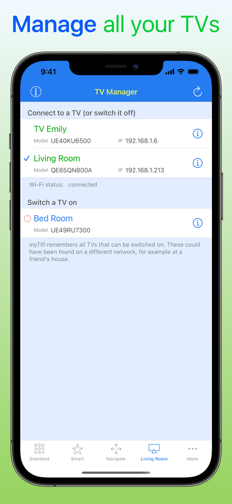 The TV Manager screen of the myTifi app listing multiple Samsung Smart TVs