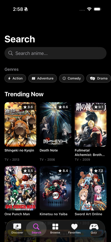 AniPocket - Discover Anime - AniPocket mobile app search interface showing trending anime titles and genre filters.