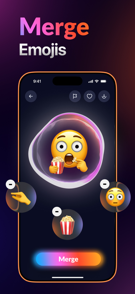 Gmoji: AI Emoji Maker - Interface of the Gmoji app showing the emoji merge tool with a shocked face eating popcorn