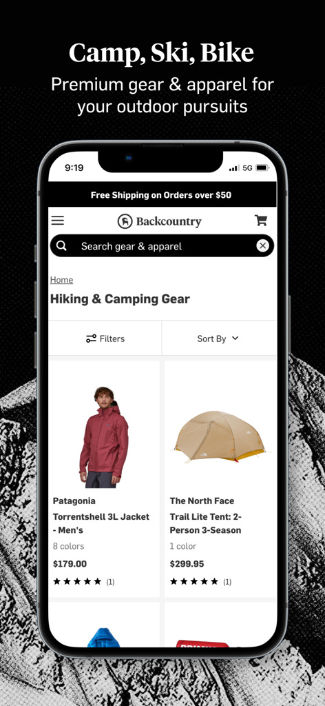 Backcountry - Outdoor Gear - Backcountry mobile app interface showing a curated selection of premium hiking and camping gear like Patagonia jackets and The North Face tents