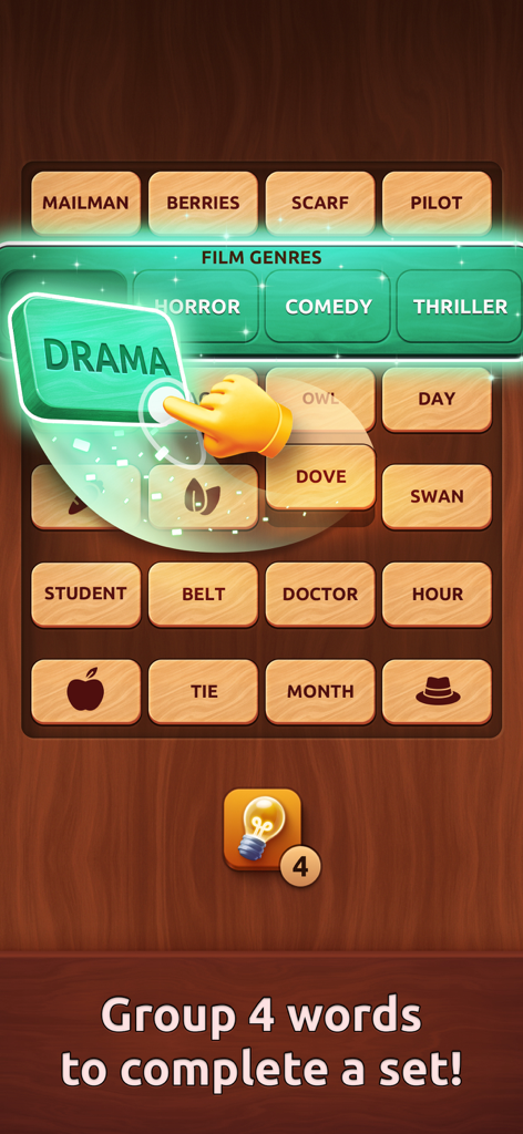 Gameplay of Associations Colorwood Game showing how to group words into categories like Film Genres.
