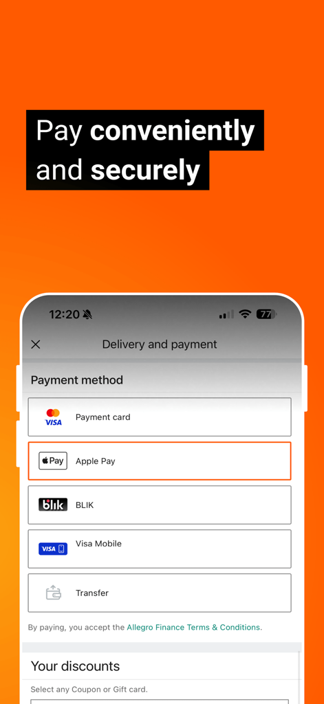 Opções de pagamento seguras na aplicação Allegro, incluindo Apple Pay e BLIK