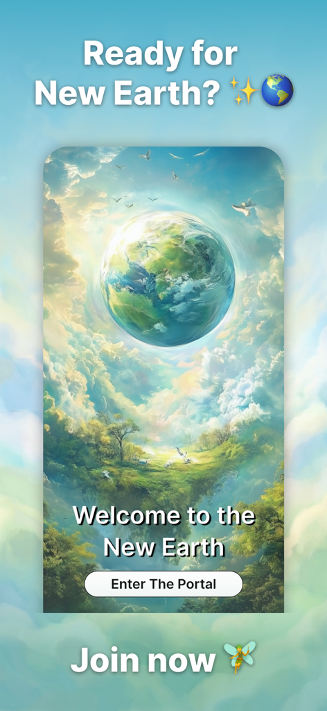 New Earth App: Higher Self AI - Pantalla introductoria para la App New Earth con un místico planeta flotante en un paisaje etéreo con un botón de entrada al portal.