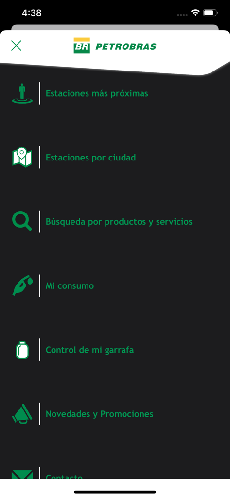 Localizador Petrobras - Main menu of the Localizador Petrobras app showing gas station search options and services