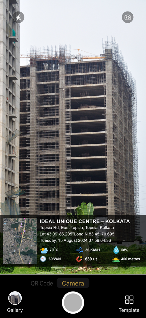 Gps Map Camera - Timestamp - GPS map camera interface showing a construction site photo with location and timestamp details