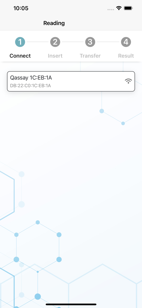 Qassay - Interfaz de la aplicación móvil Qassay que muestra el primer paso para conectar un dispositivo lector de diagnóstico.