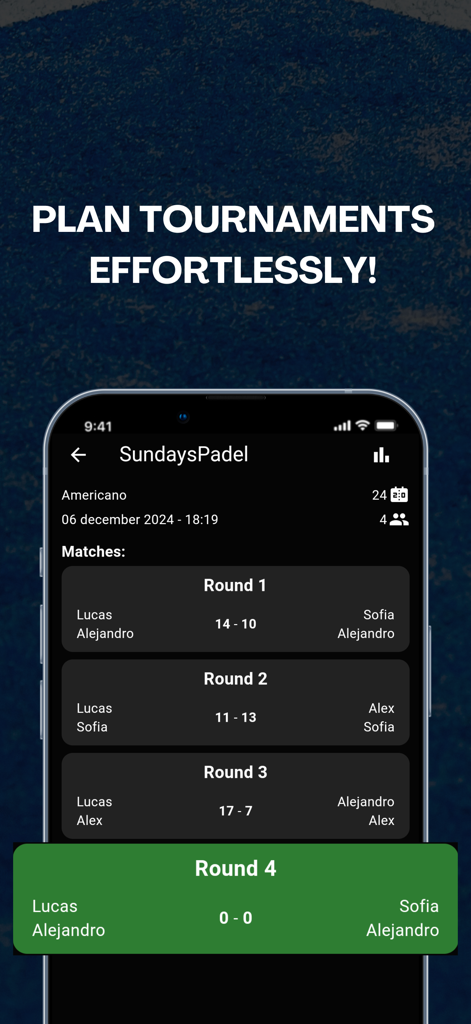 Padel Master - Americano - Interfaz de la aplicación Padel Master mostrando una lista de rondas de torneo con nombres de jugadores y puntuaciones