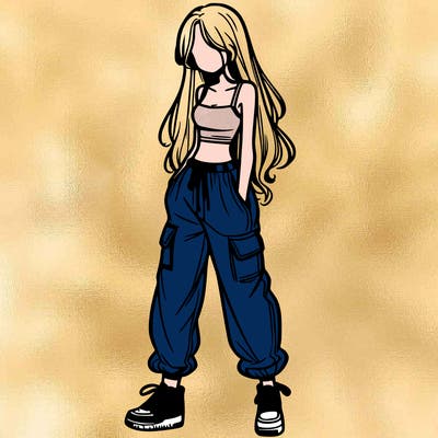 girl in baggy pants crop top and long hair