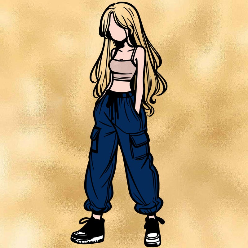 girl in baggy pants crop top and long hair