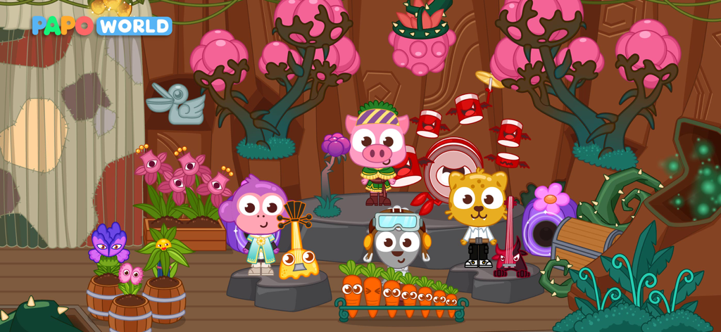 Papo Town: Underground City - Cartoon animal characters with musical instruments in a colorful whimsical room