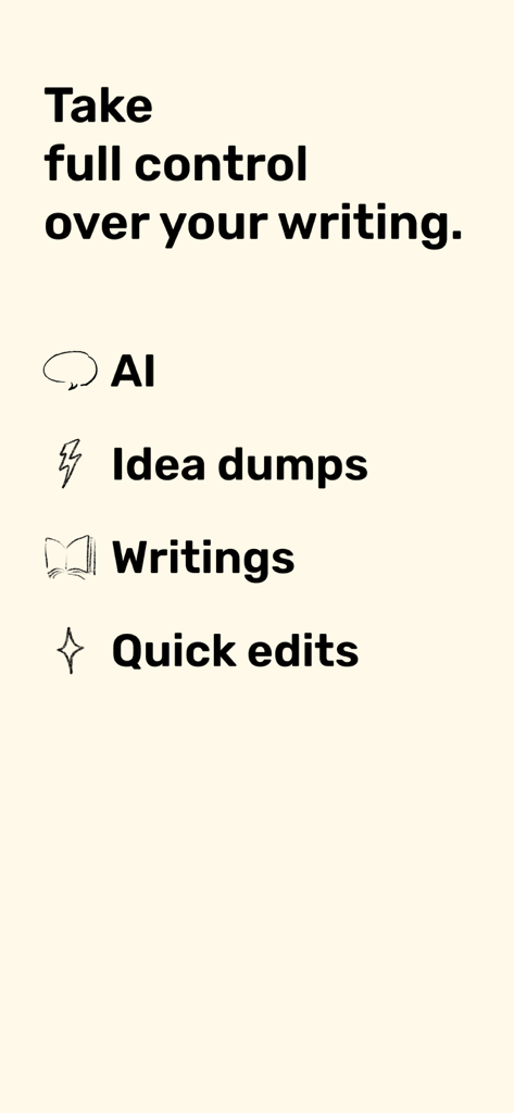 Cleve app interface listing features for AI idea dumps and quick edits for writing control