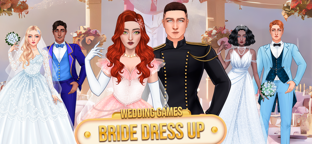 Wedding Games: Bride Dress Up - Tres parejas de bodas elegantes mostrando varios vestidos de novia y trajes de novio