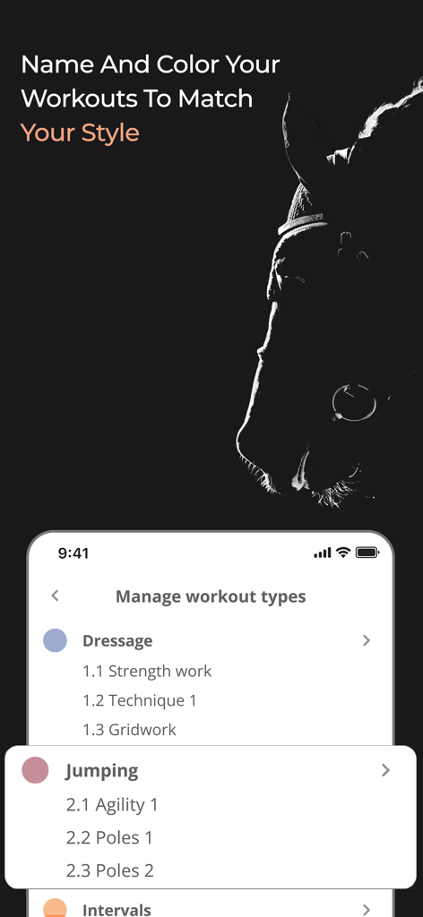 HÆSTR: Horse Care App - Mobile interface of HÆSTR app showing customizable horse workout categories like Dressage and Jumping