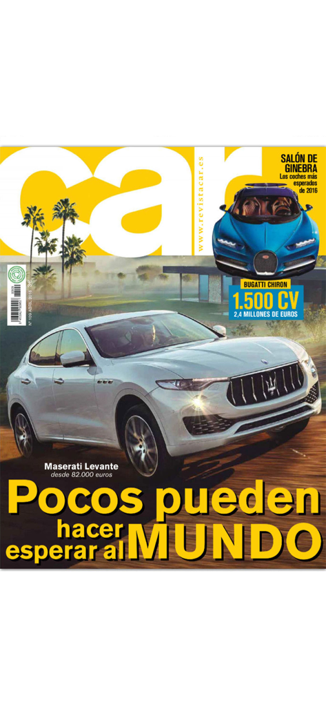 Car España-Revista - Portada de la revista Car España con un Maserati Levante blanco y un Bugatti Chiron azul.
