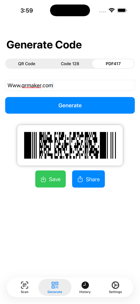 QR Maker: Code Reader, Scanner - QR Makerアプリのモバイルインターフェースには、ウェブサイトリンク用の生成されたPDF417バーコードと、保存および共有のオプションが表示されています。